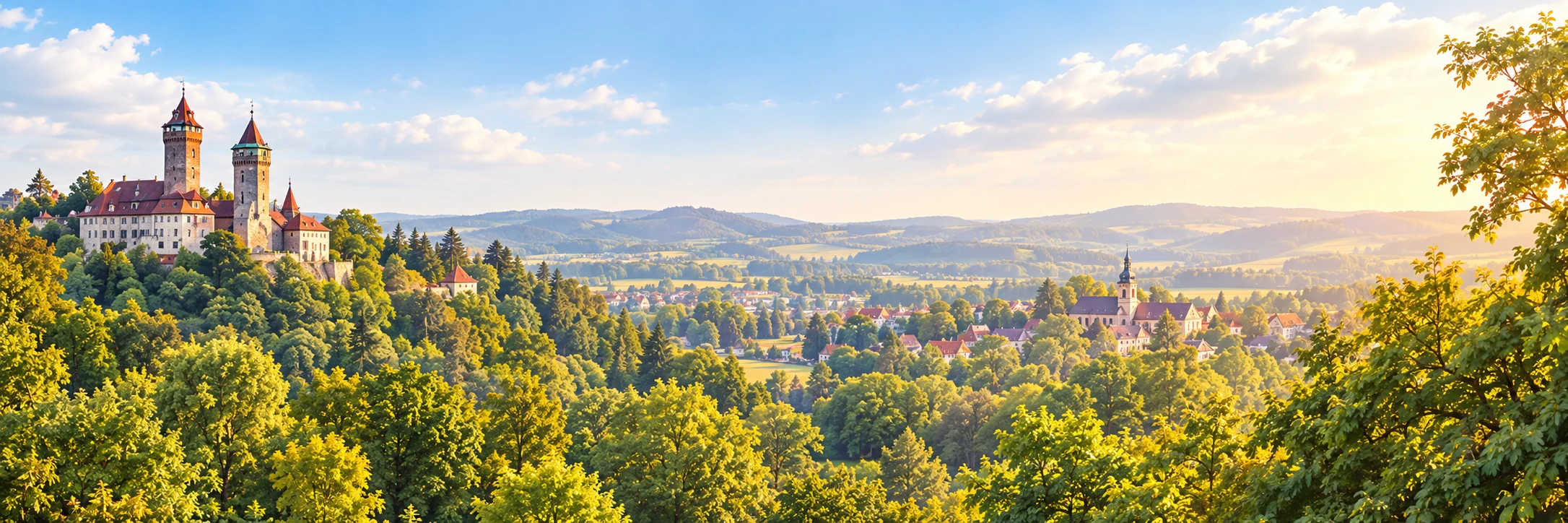 Illustrative Landschaft mit Burg und viel Grün